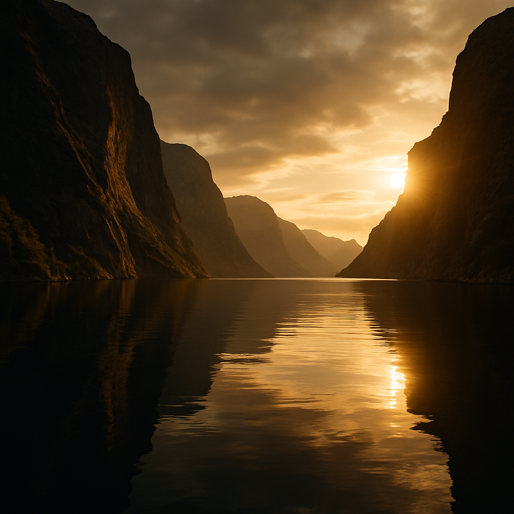 Silent fjord at golden hour in Norway