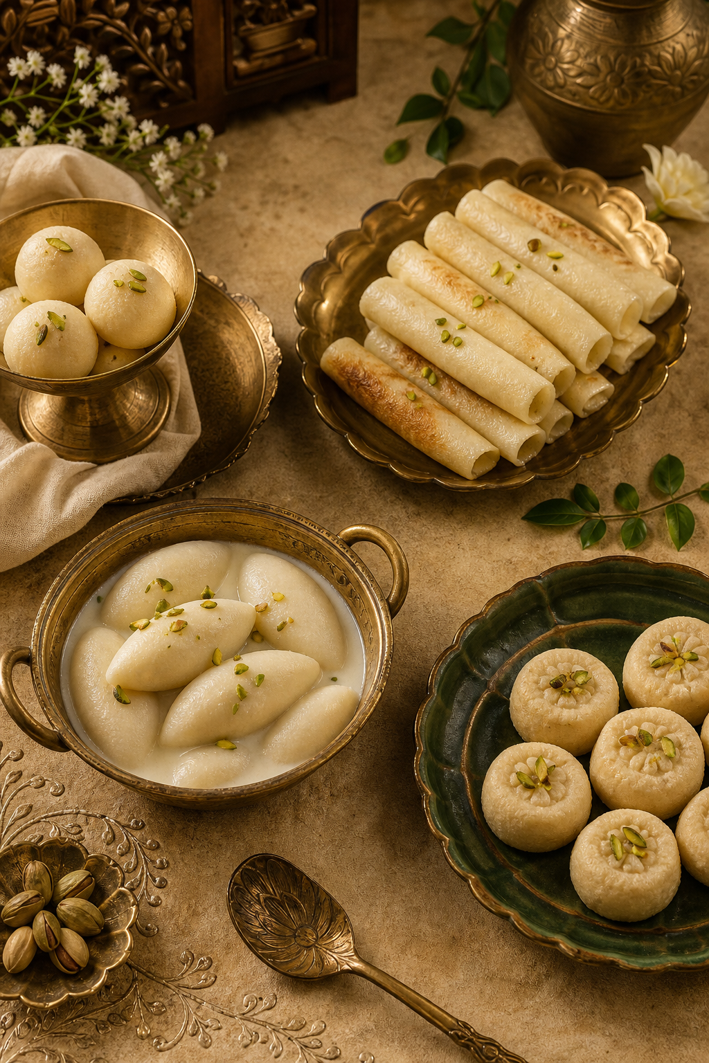 Elegant assortment of traditional Bengali sweets presented on rich brass and ceramic serveware