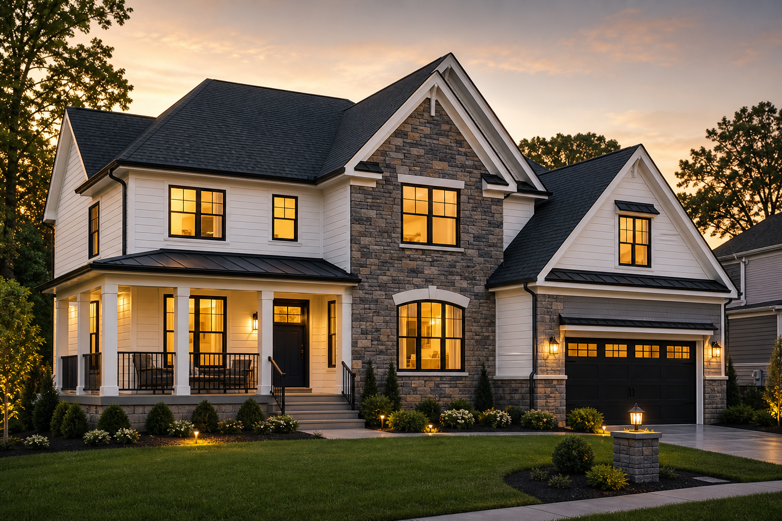 Elegant renovated two-story suburban home with a dark slate roof, warm lighting, and manicured landscaping