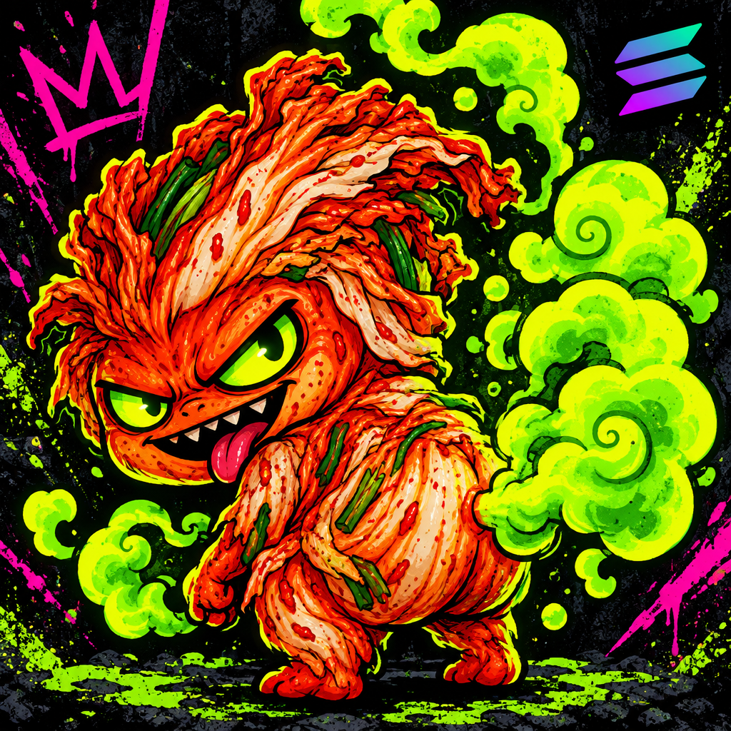 Cartoon Kimchi farting creature with a spicy green gas cloud aura