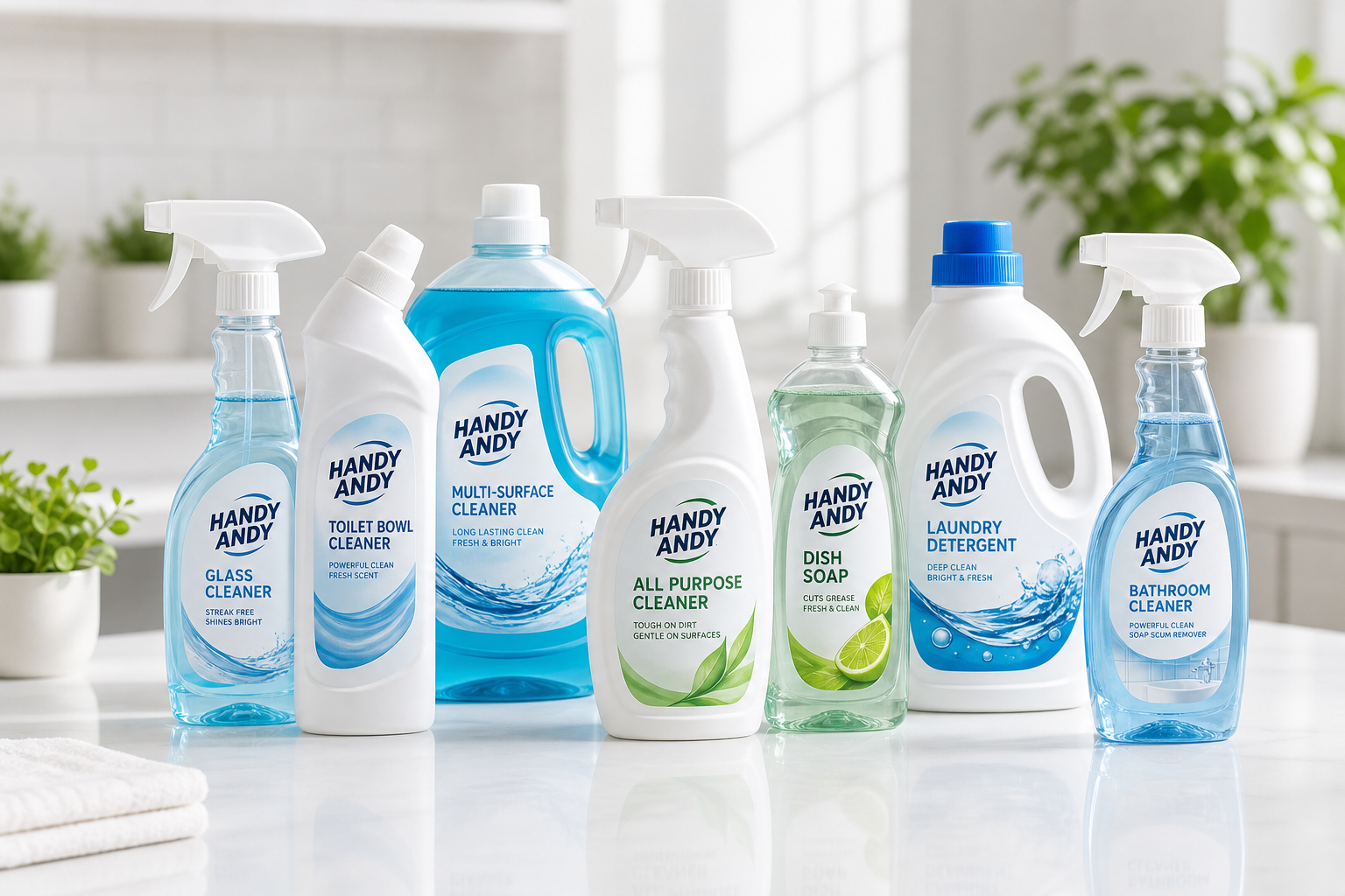 Assorted Handy Andy cleaning product bottles and sprays arranged neatly on a bright counter
