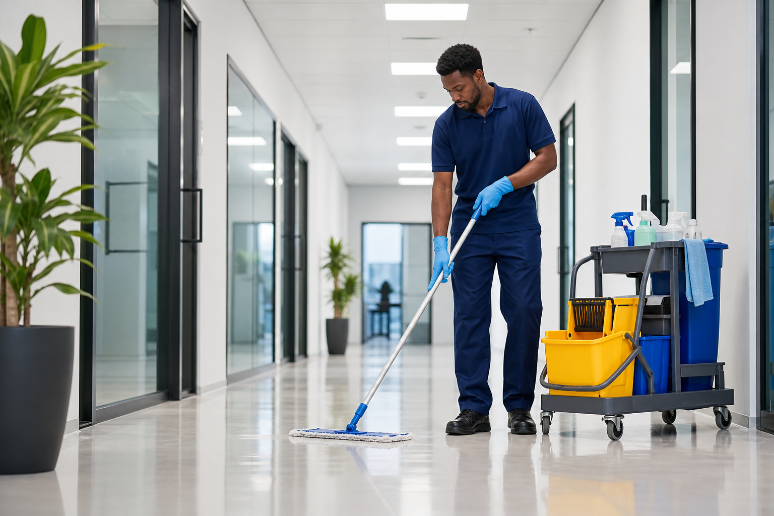 Professional cleaner in a bright office hallway mopping polished floors