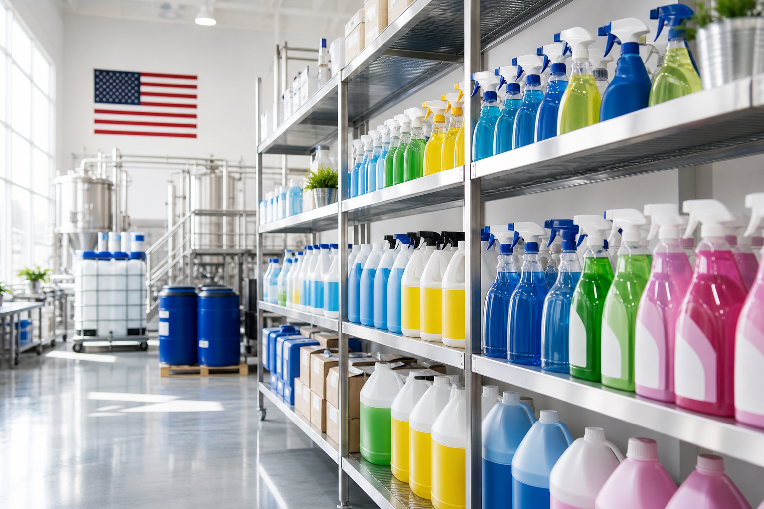 Bright, organized cleaning product packaging and production shelving in a modern U.S. facility