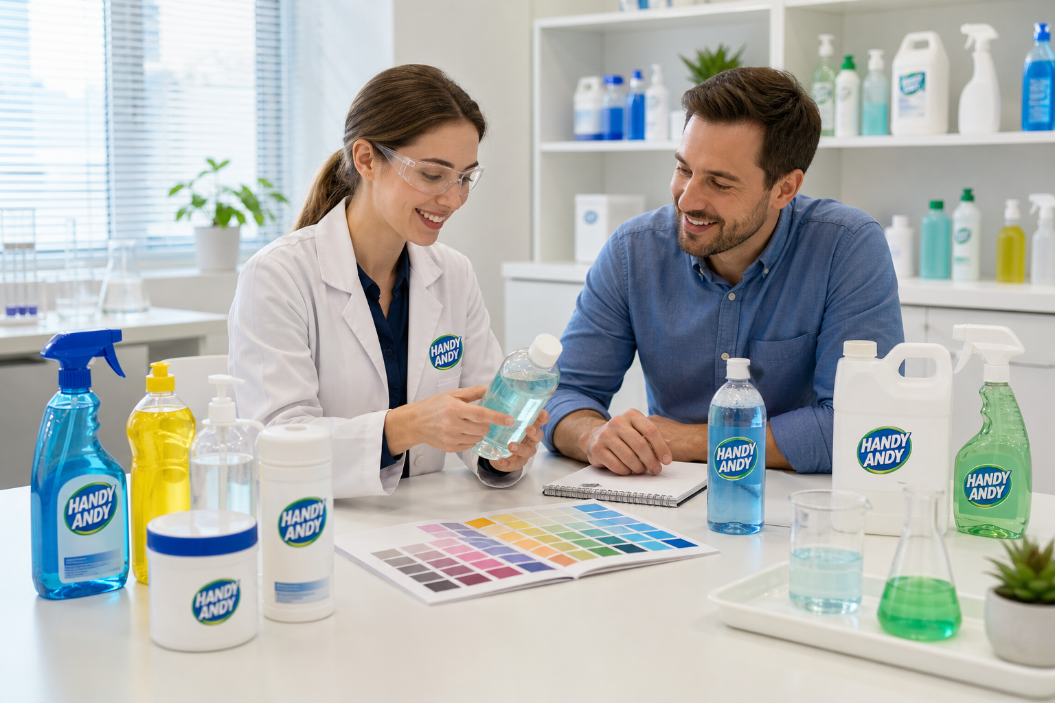 Handy Andy product development specialist reviewing custom cleaning product samples with a wholesale partner at a bright lab workspace