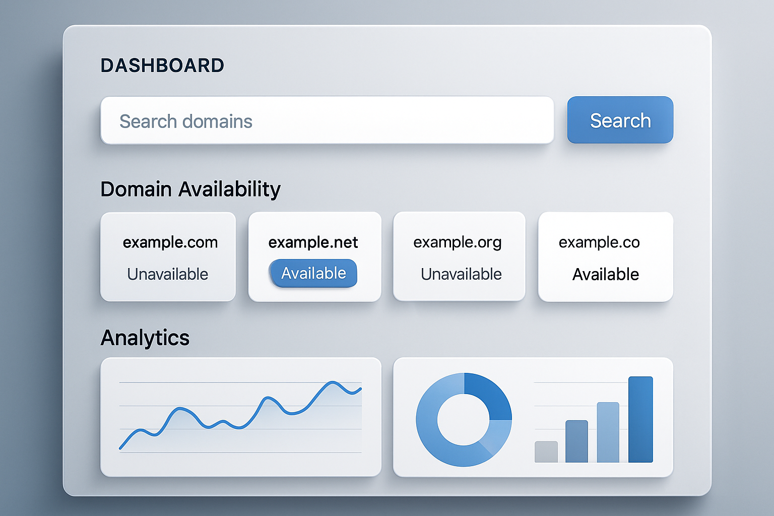 Domain search dashboard preview with analytics and acquisition status