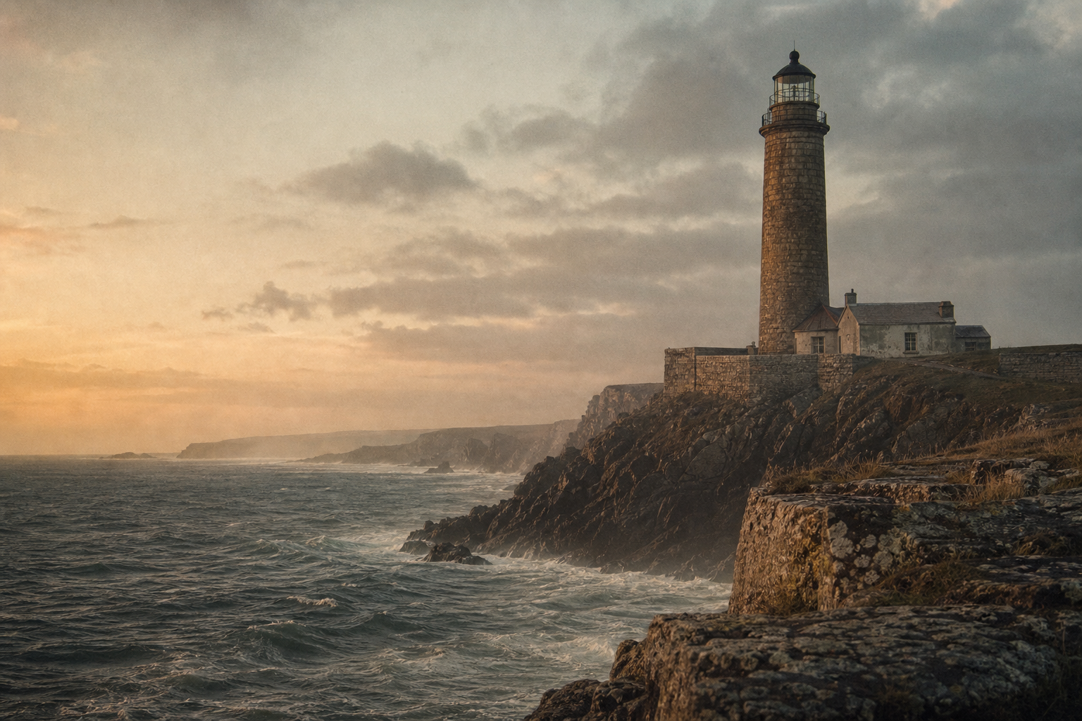Historic stone lighthouse on a rugged northern coastline at dusk, with sea mist, weathered cliffs, and warm film-like tones
