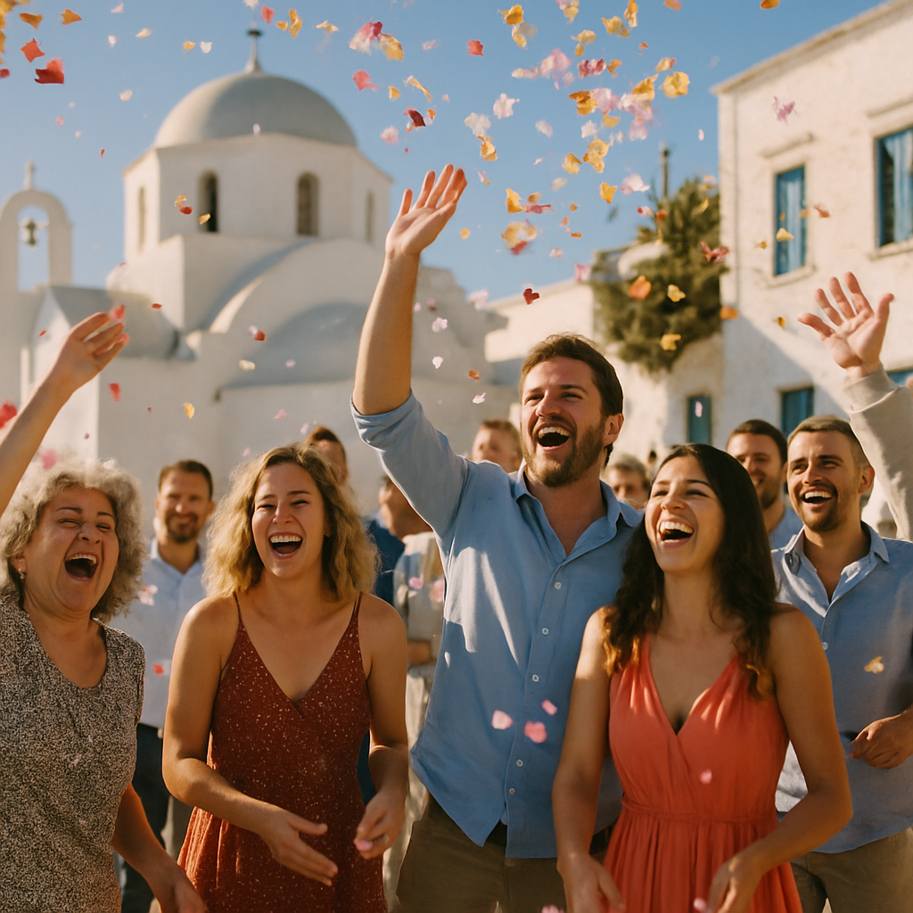 Guests throwing flower petals at a Greek island celebration, candid moment