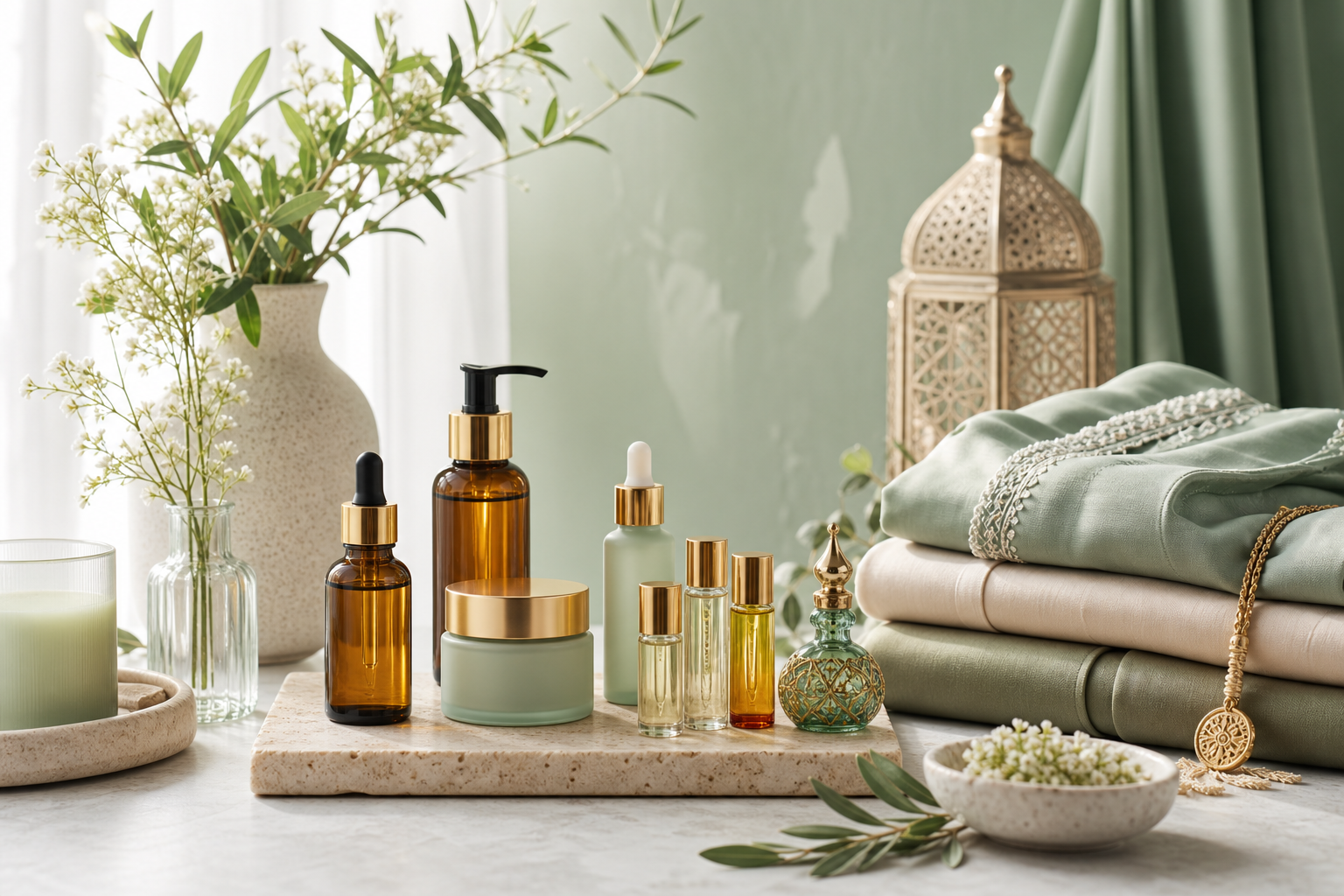 Soft mint boutique scene with natural skincare bottles, oil-based perfume vials, folded modest fabrics, and delicate greenery arranged on a light stone table