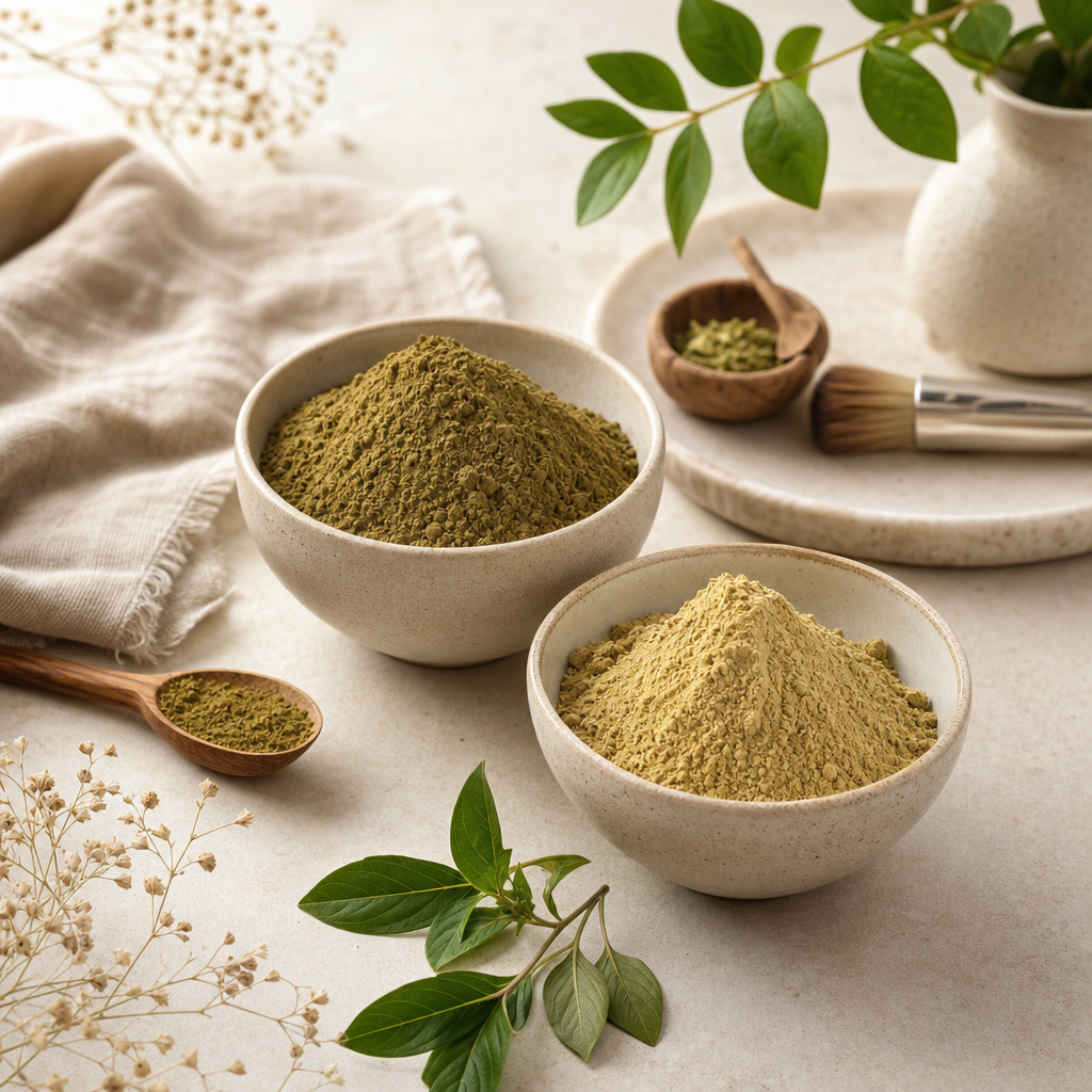 Wellness essentials with herbal teas, amber supplement bottles, and a wooden scoop on a linen cloth