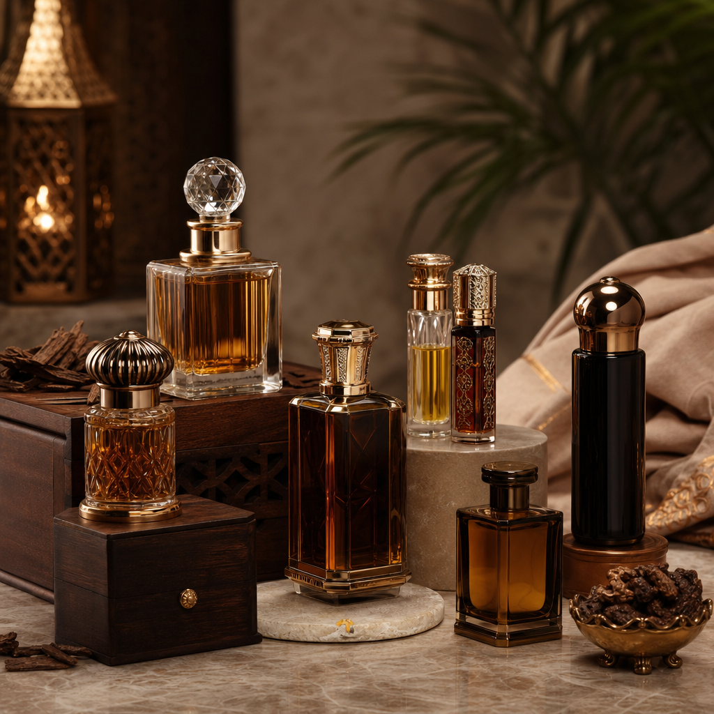 Modern men’s cologne bottles in dark glass with warm wood and spice accents