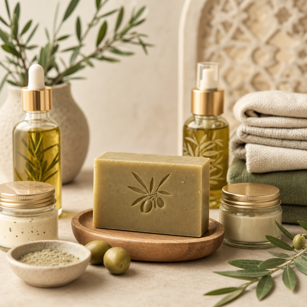 Fresh botanical skincare flat lay with glass dropper bottles, green leaves, and creamy jars on a light stone surface