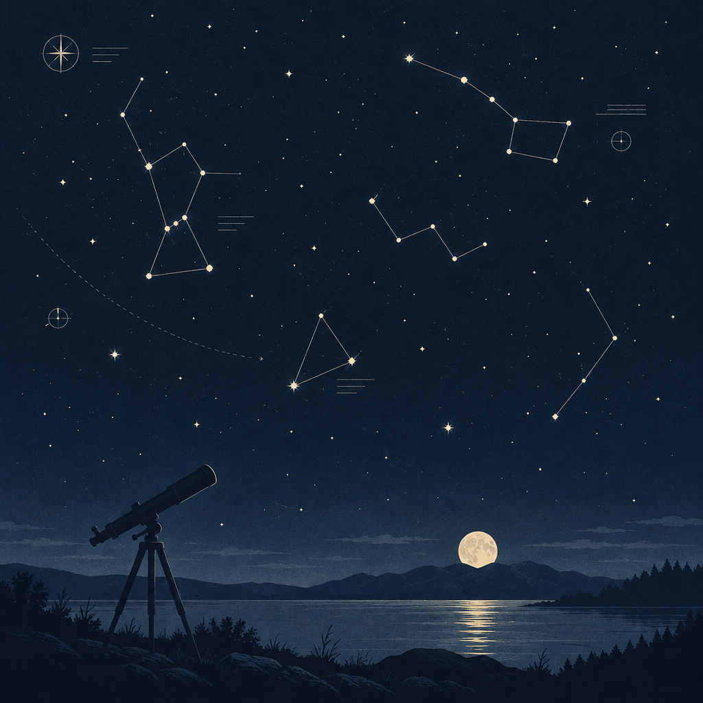 Hand-drawn style night sky map with constellation lines above a small telescope silhouette on a calm horizon