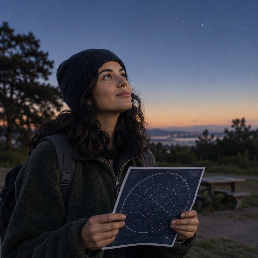Young beginner skywatcher in a knit cap holding a small star chart at dusk