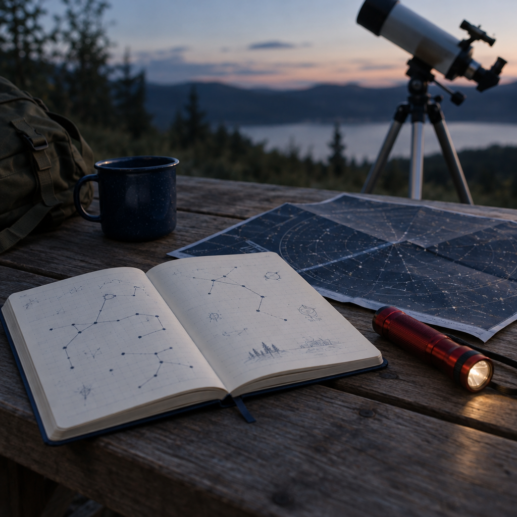 Calm observational scene with a constellation notebook, red flashlight, and star map on a wooden table