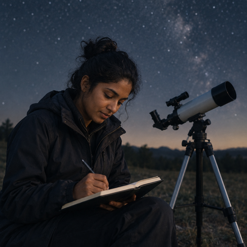 Regular club member writing telescope observations in a field journal beside a compact telescope