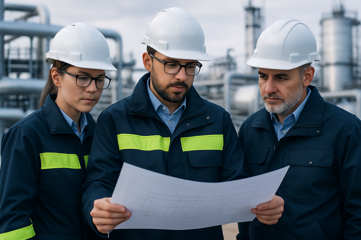 Petroleum professionals reviewing field plans on an industrial site