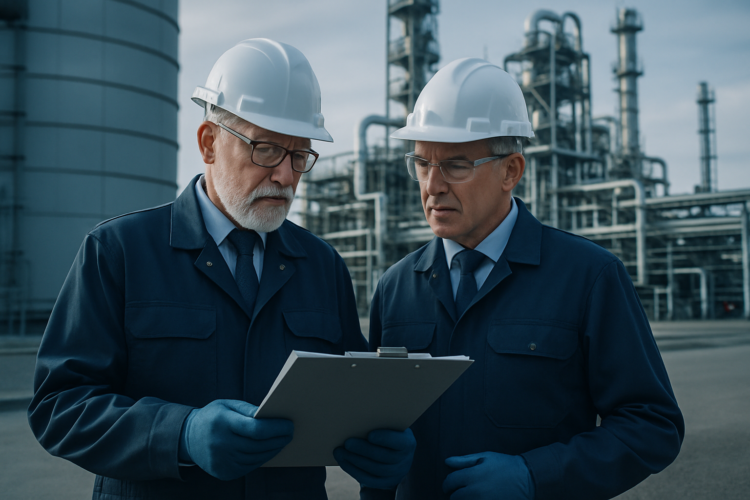 Senior petroleum consultants reviewing field operations and infrastructure