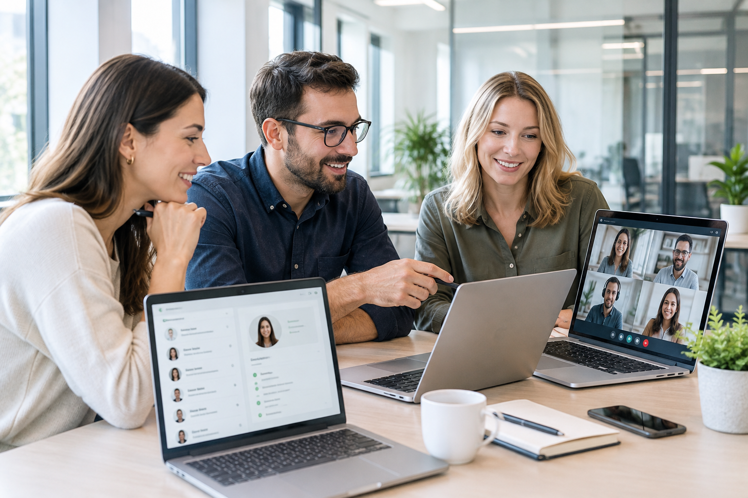 Professional recruitment team in a modern remote-work meeting reviewing candidate applications on laptops