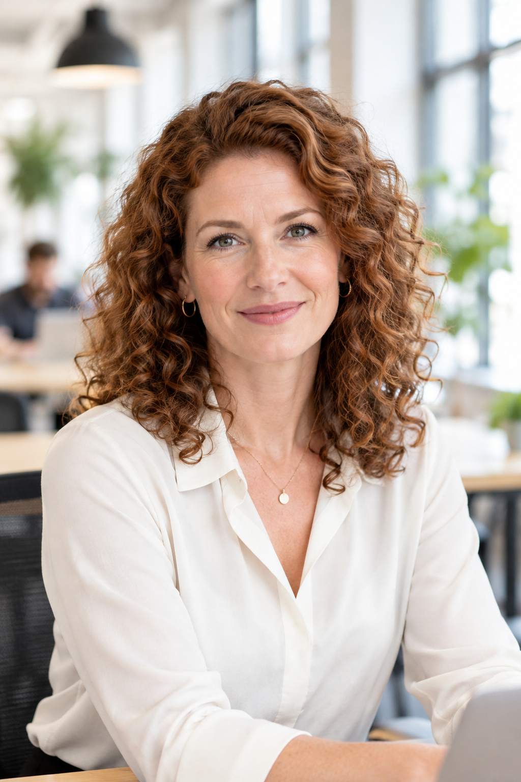 Professional headshot of Elena Brooks with curly auburn hair, cream blouse, and bright coworking space background