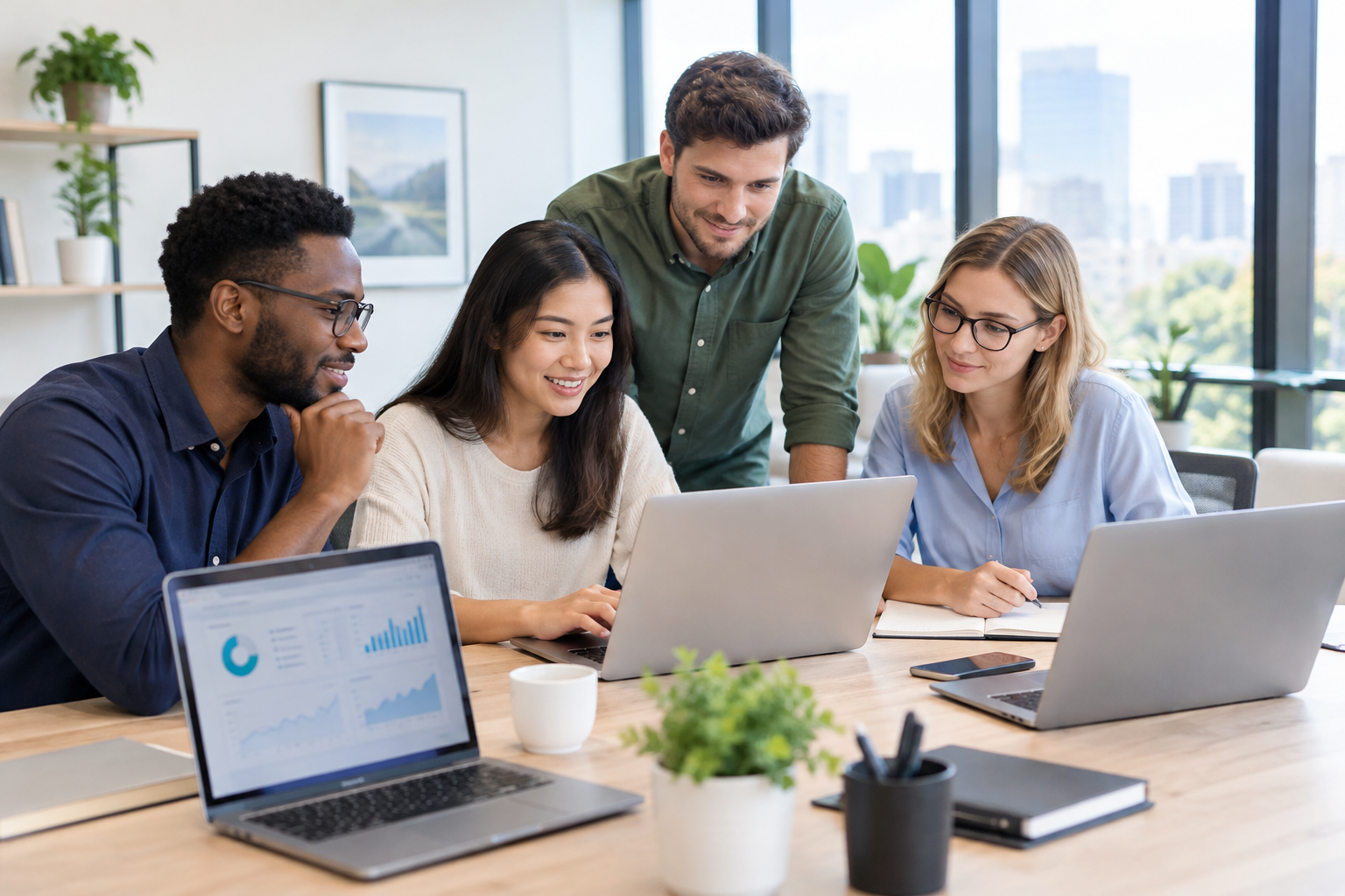 Confident remote professionals collaborating in a modern digital-work environment with laptops and analytics dashboards