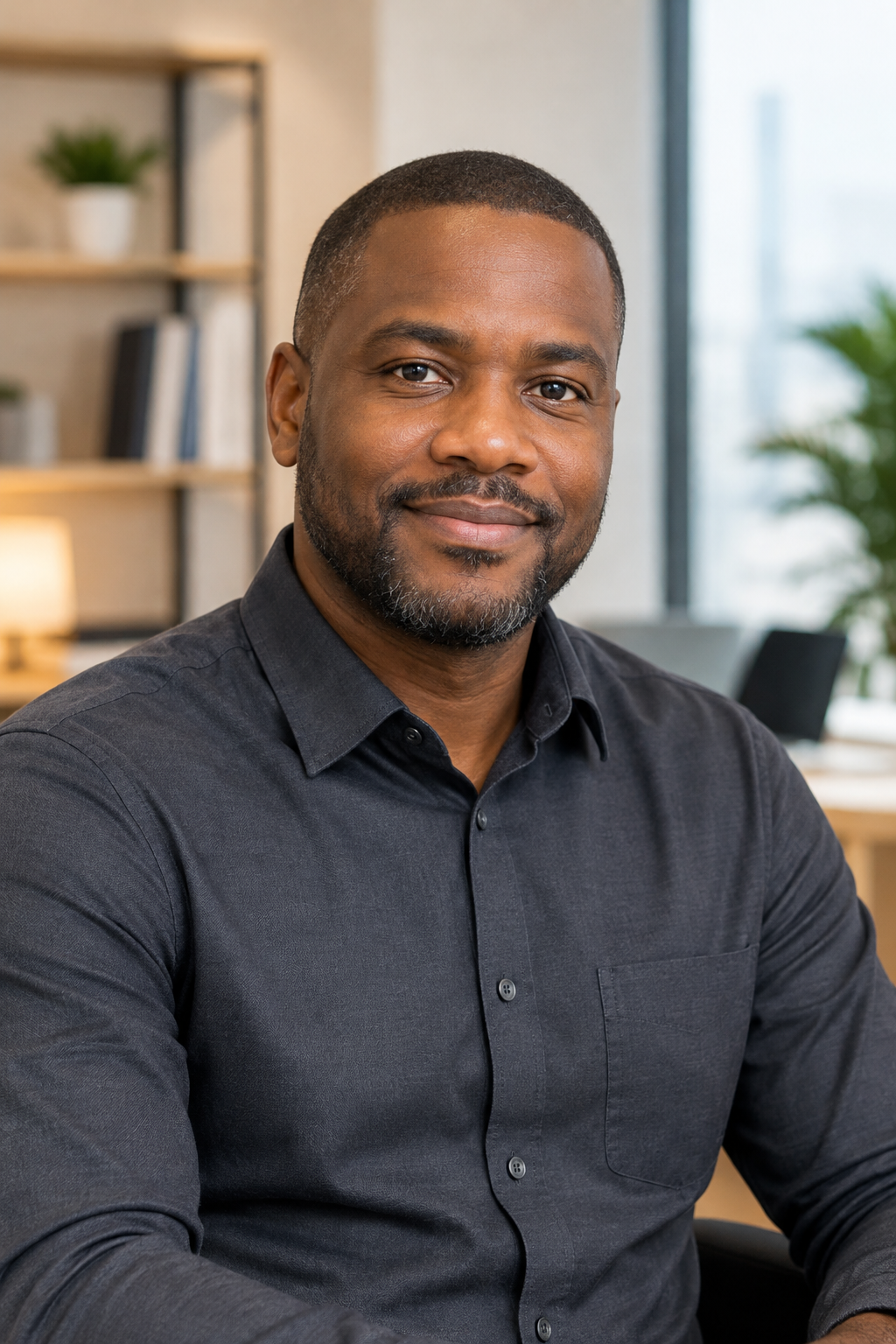 Professional headshot of Marcus Hale with close-cropped hair, charcoal shirt, and warm office background