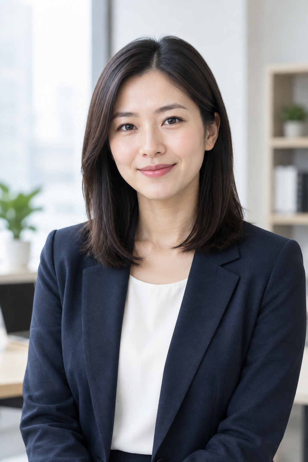 Professional headshot of Maya Chen with shoulder-length dark hair, navy blazer, and neutral office background