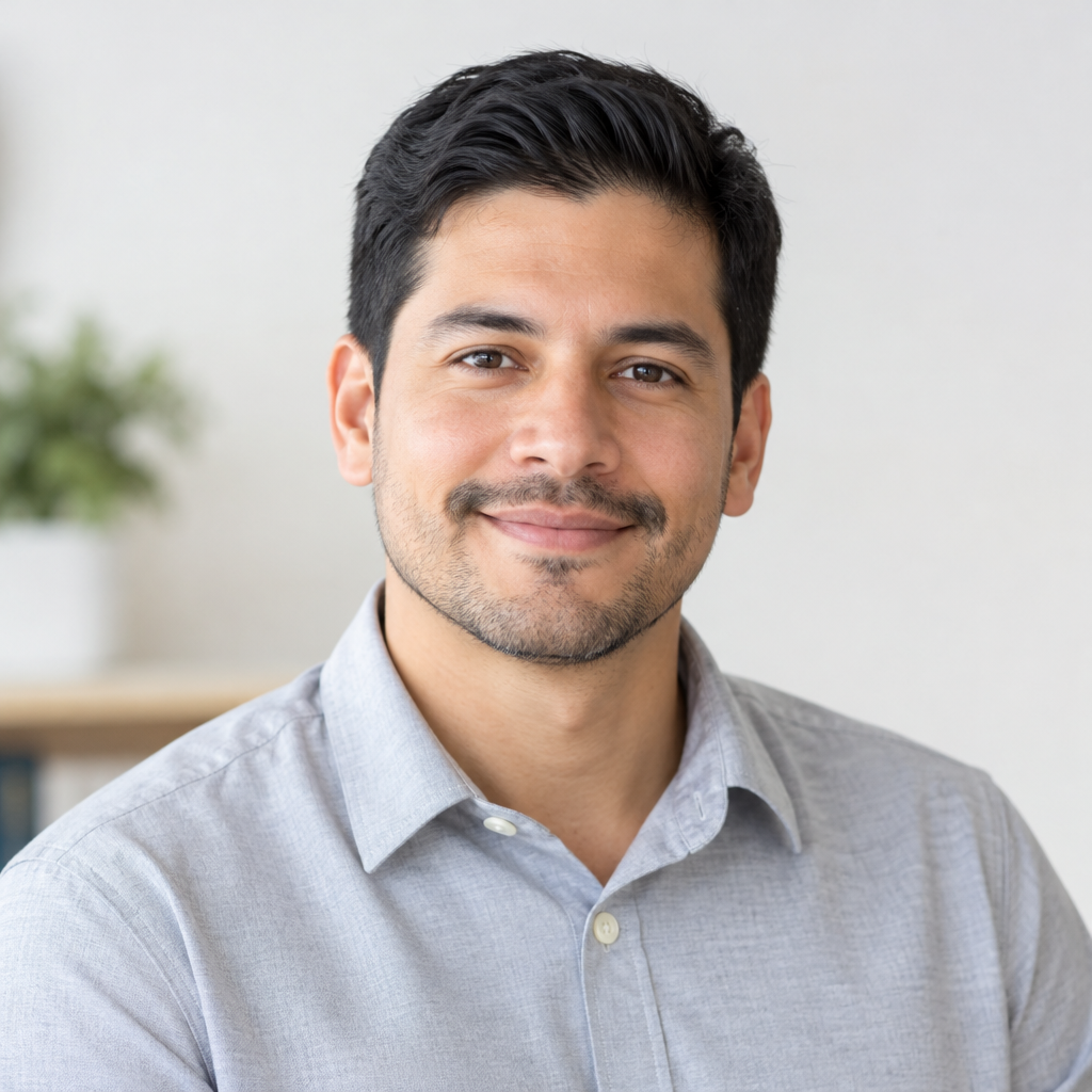 Portrait of Luis Romero, a smiling professional with short black hair and a light gray collared shirt