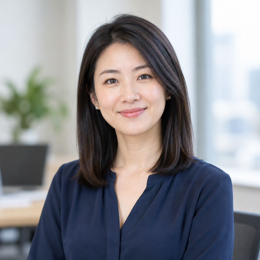 Portrait of Maya Chen, a friendly professional with shoulder-length dark hair wearing a navy blouse