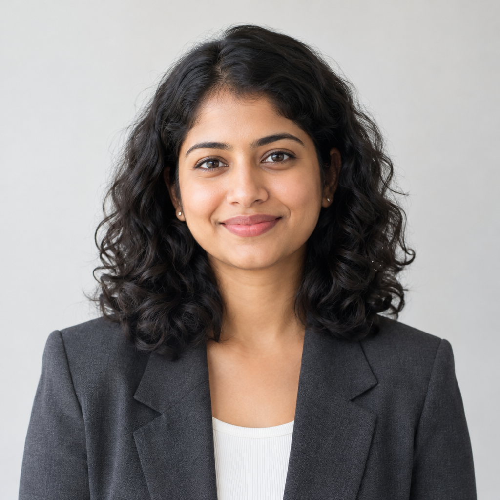 Portrait of Priya Nair, a professional with curly dark hair, warm expression, and a charcoal blazer
