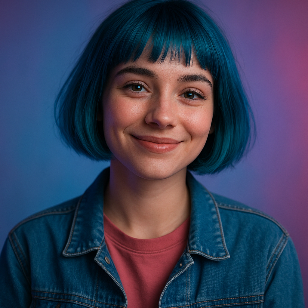 Portrait of Juno, a young woman with teal bob haircut