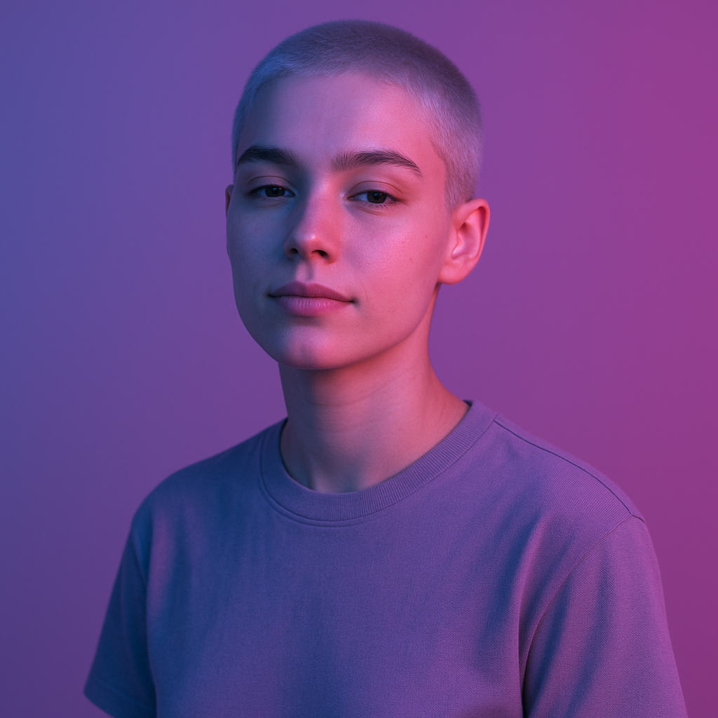 Portrait of Kai, a young adult with platinum buzz cut
