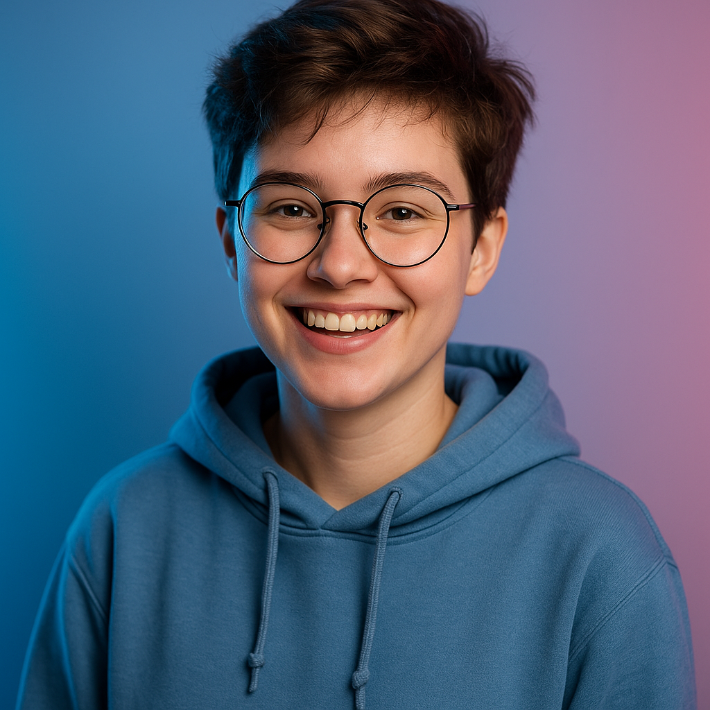 Portrait of Sasha, a young person with short brown hair and round glasses