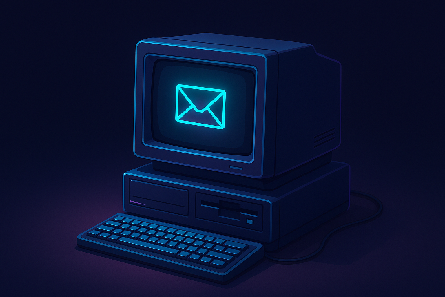 Retro computer with neon accents and time capsule message