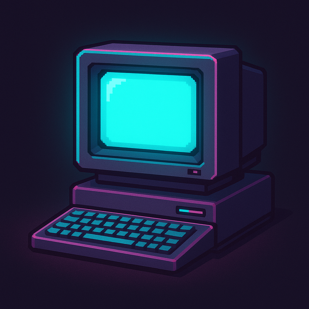 Pixel-style retro computer terminal with glowing screen