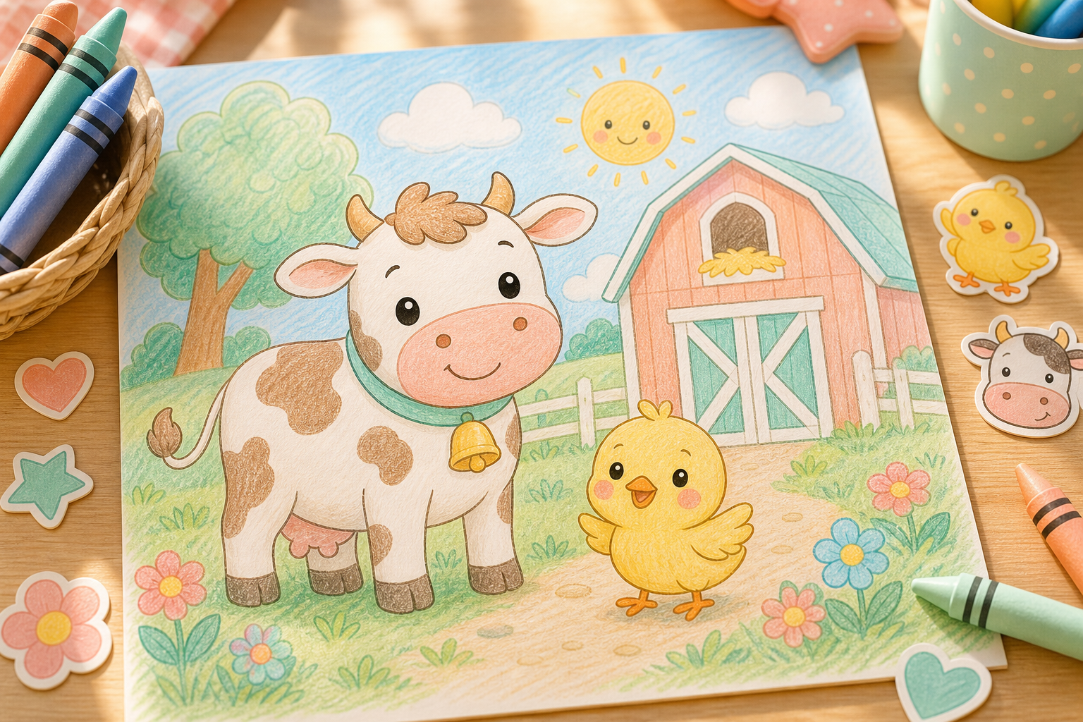 A sunny farm coloring page with a smiling cow, a tiny chick, and a barn in soft peach and mint colors