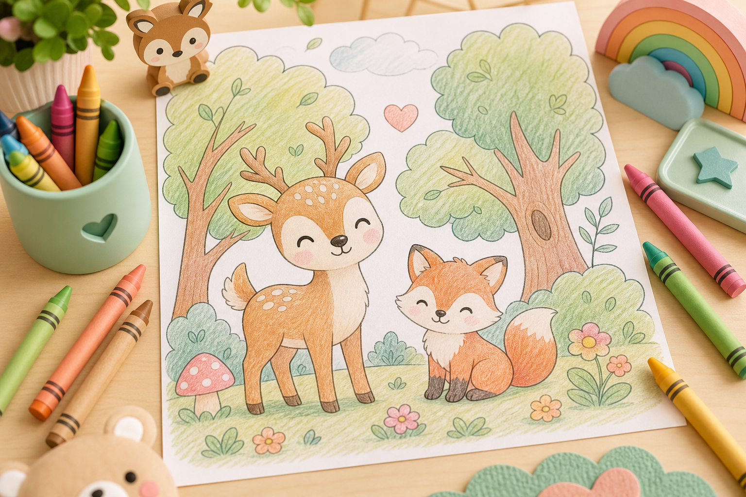 A cozy forest scene coloring page with a smiling deer, a tiny fox, and leafy trees in soft pastel colors