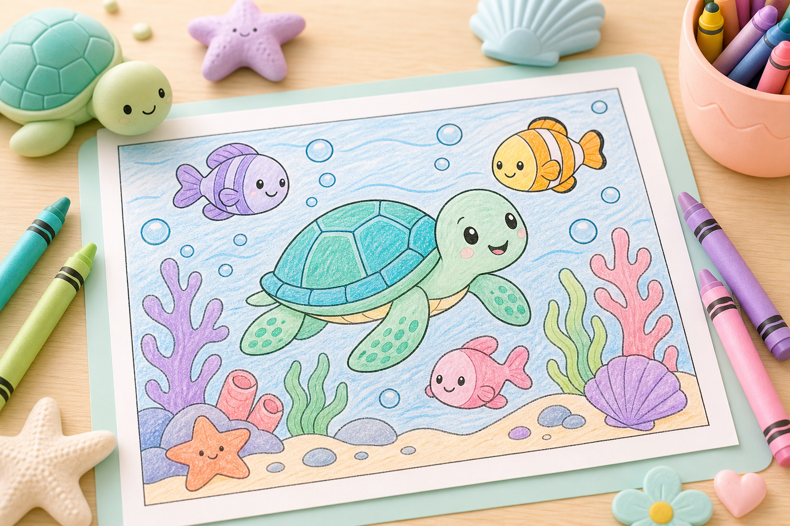 An ocean animals coloring page featuring a happy sea turtle, friendly fish, and bubbles in soft aqua tones