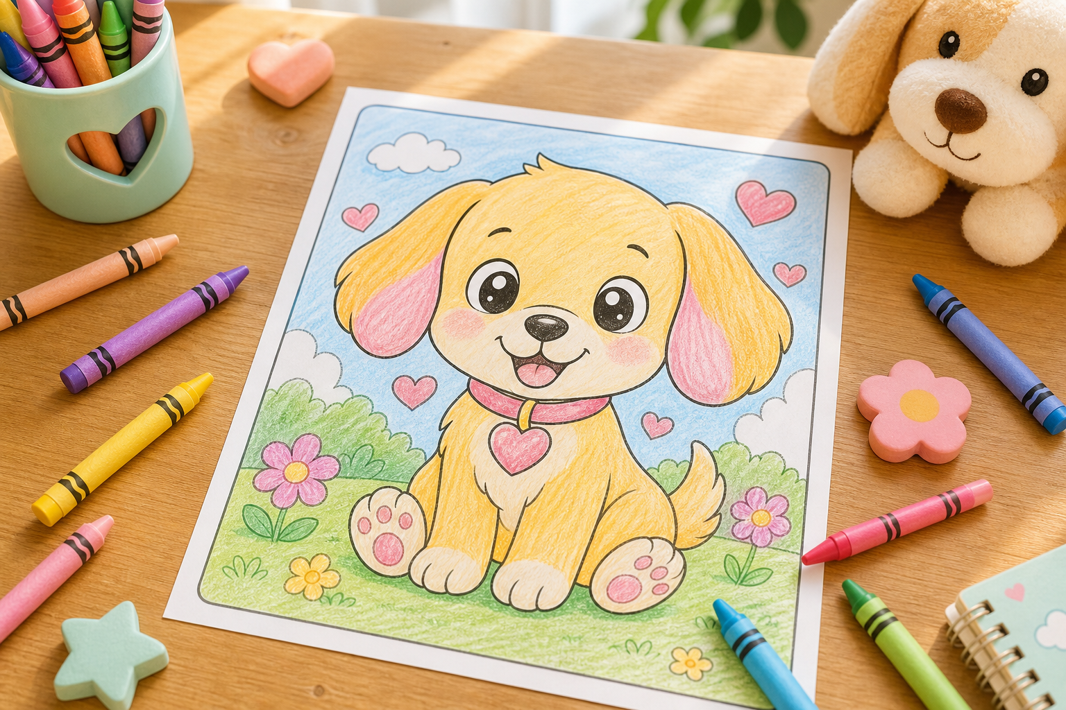 A cheerful puppy coloring page with floppy ears, a heart collar, and bright pastel crayons on a craft table