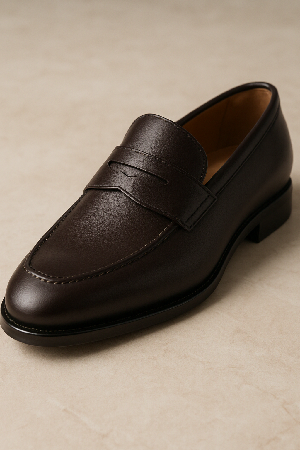 Close-up boutique fashion photograph of a premium leather loafer showing hand-stitched seam, sculpted silhouette, and polished finishing detail