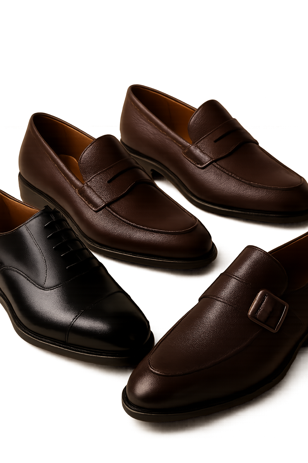 Refined men’s oxford and loafer shoes in black and dark brown leather arranged in a studio setting