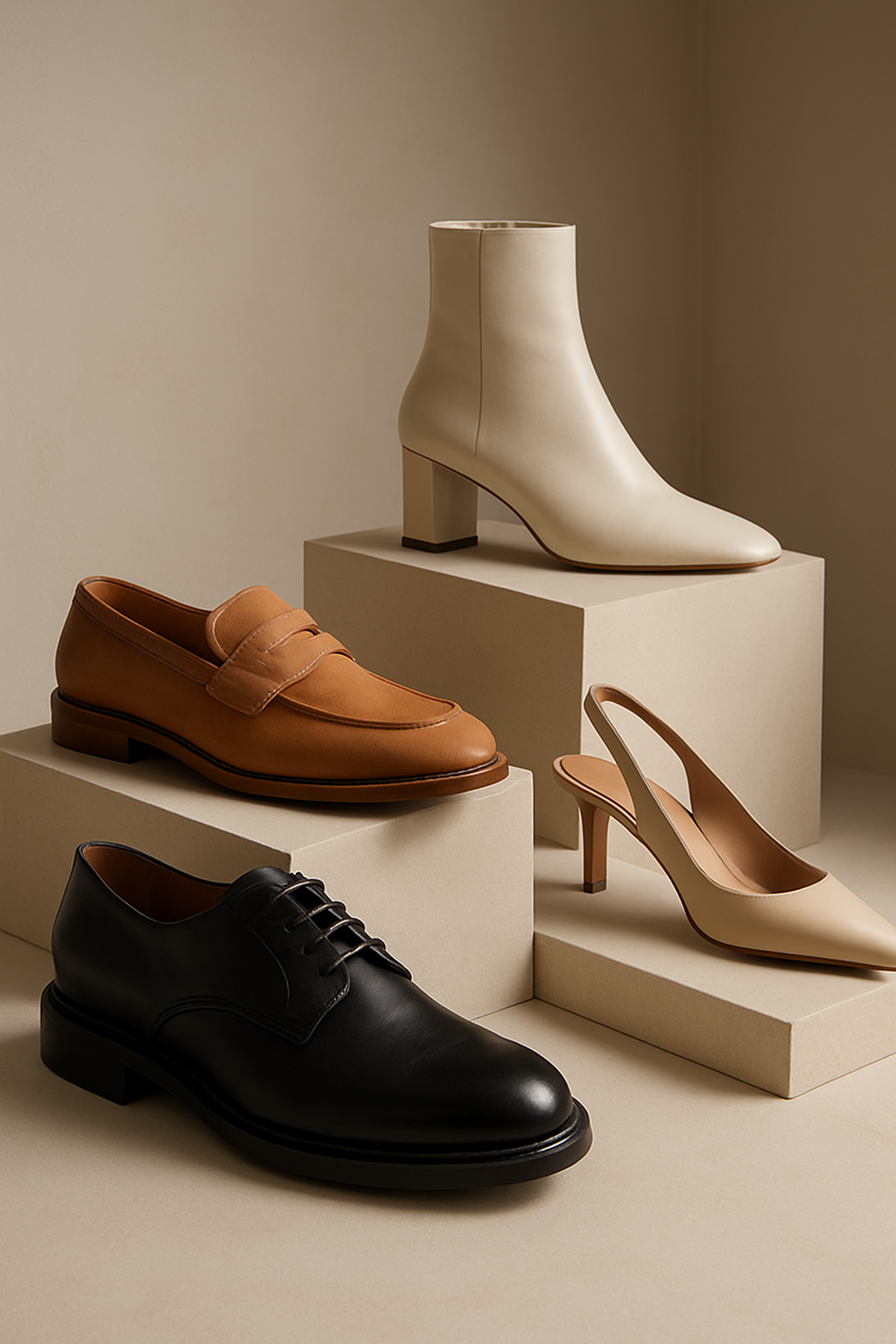 Editorial image of mixed men’s and women’s premium leather shoes in neutral tones displayed on minimalist plinths