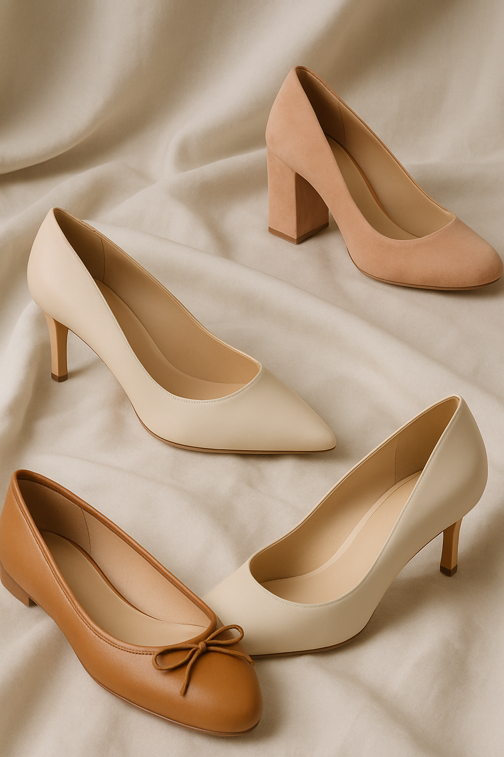 Elegant women’s heeled pumps and sleek flats in cream, blush, and tan tones styled on soft neutral fabric