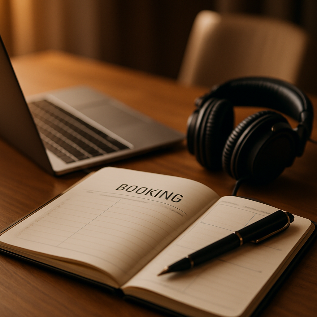 Close-up of a booking consultation table with a planner notebook, laptop, and headphones, conveying organized event planning