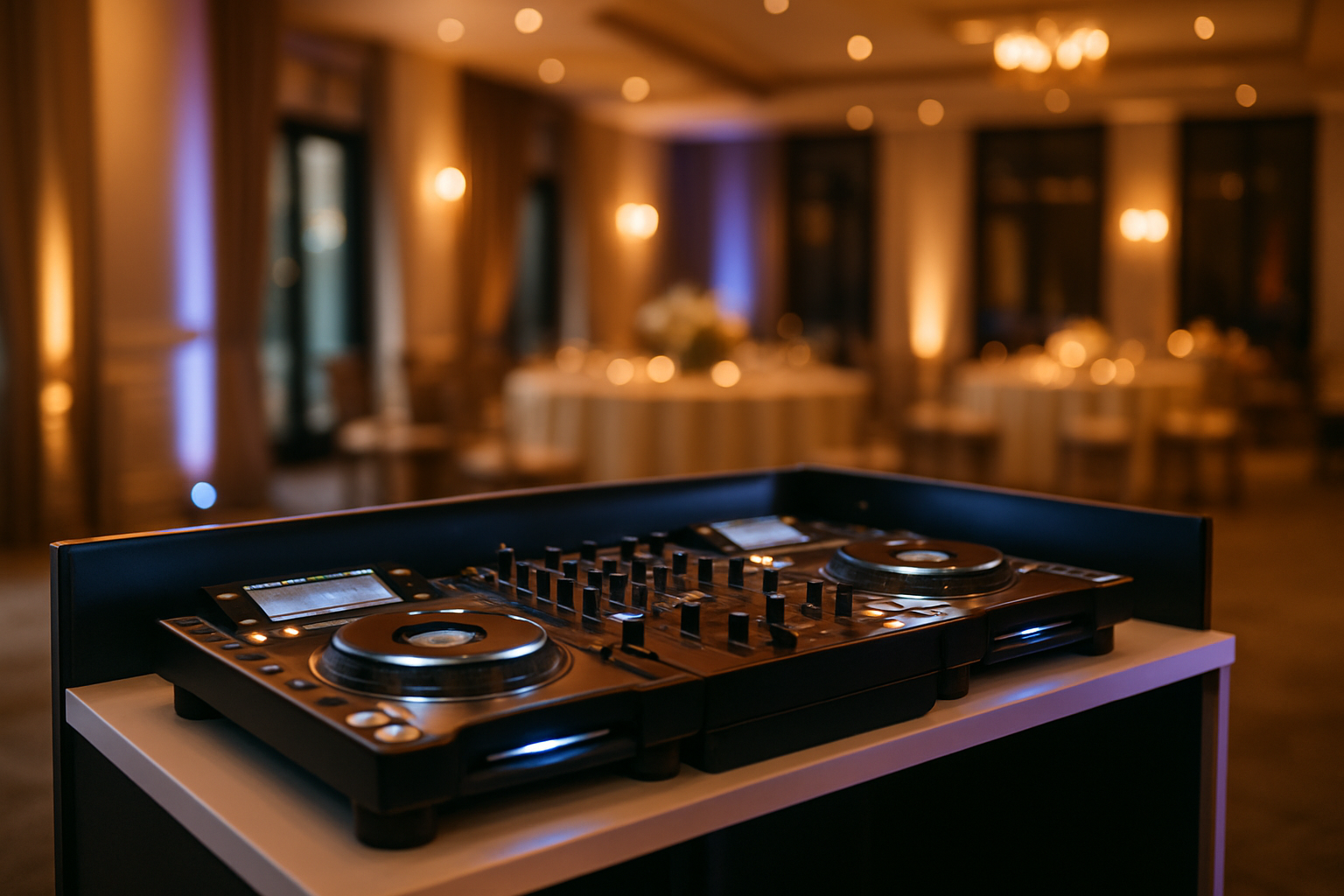 Professional DJ booth with polished equipment and ambient lighting, ready for a corporate or private event