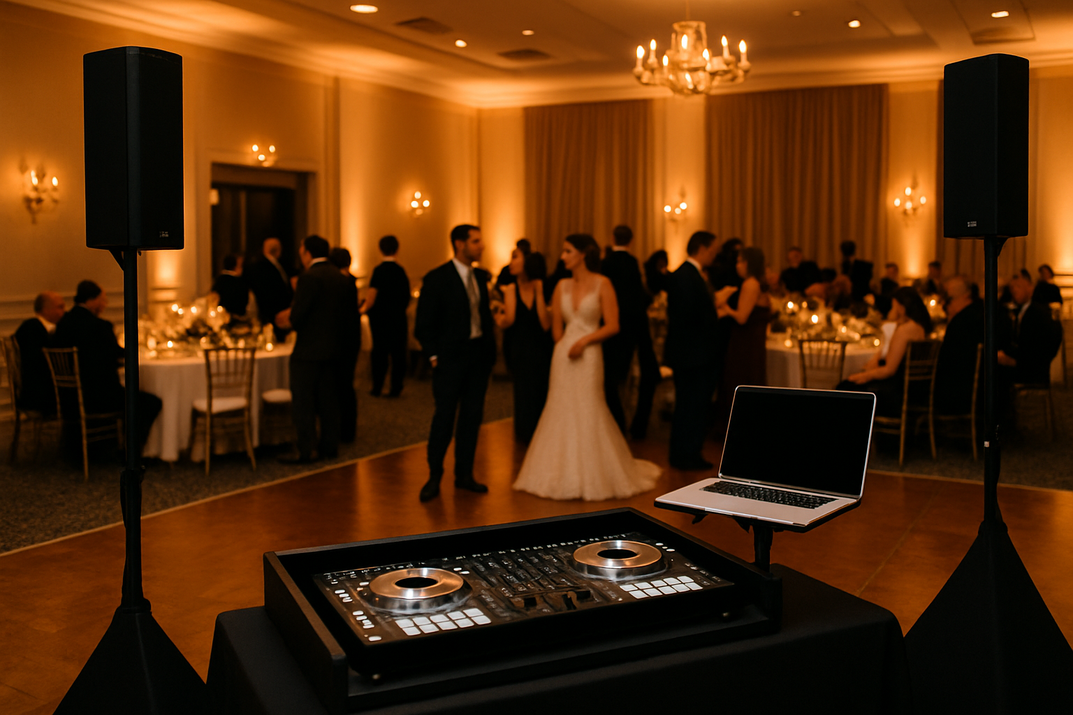 Elegant wedding reception with soft uplighting, a DJ setup near the dance floor, and guests chatting in a warmly lit ballroom