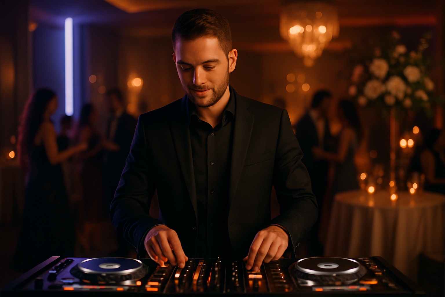 Stylish DJ performing at an upscale event with soft lighting, guests mingling, and elegant decor