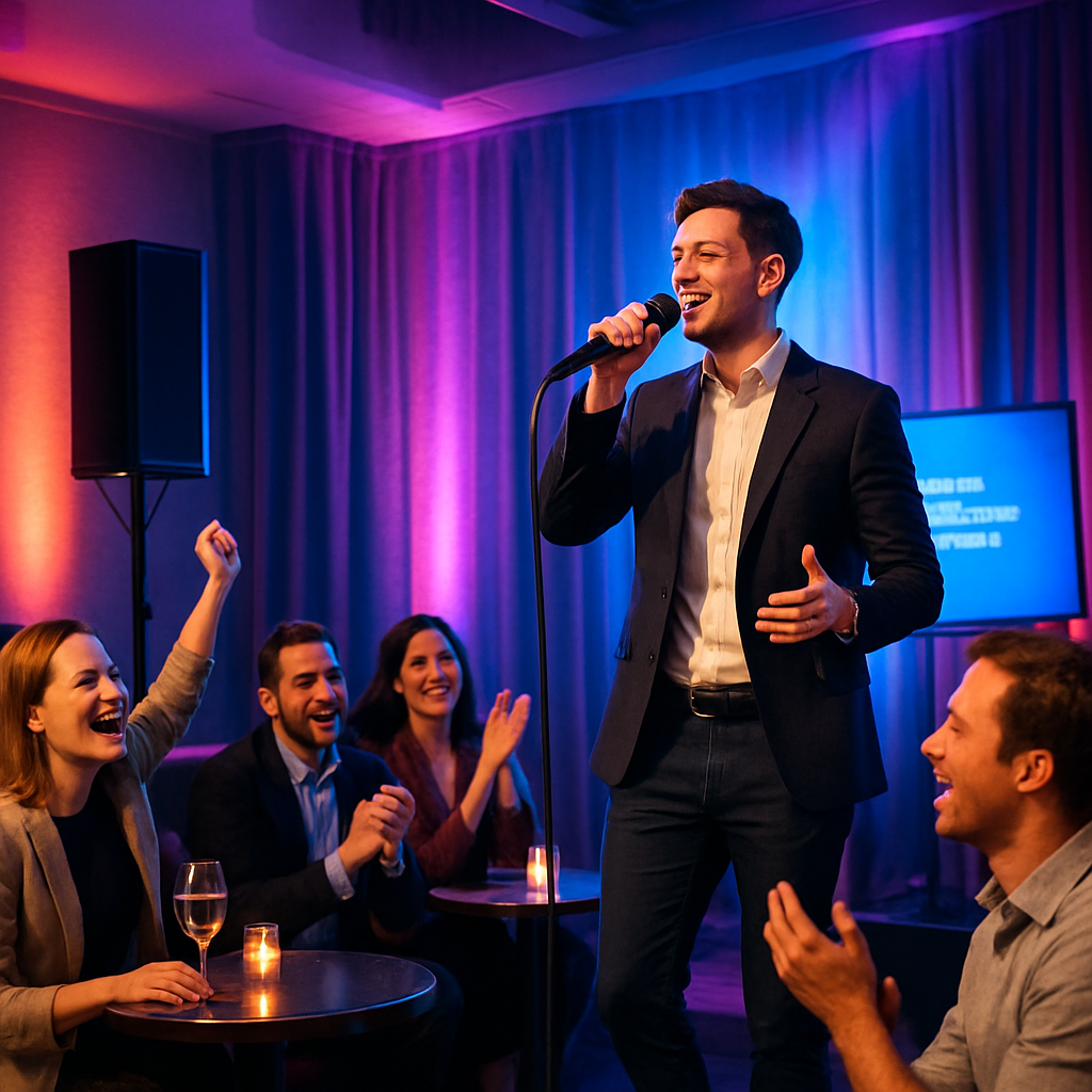 Professional karaoke night with a confident singer on a small stage, handheld microphone, colorful uplighting, and a crowd cheering at cocktail tables.