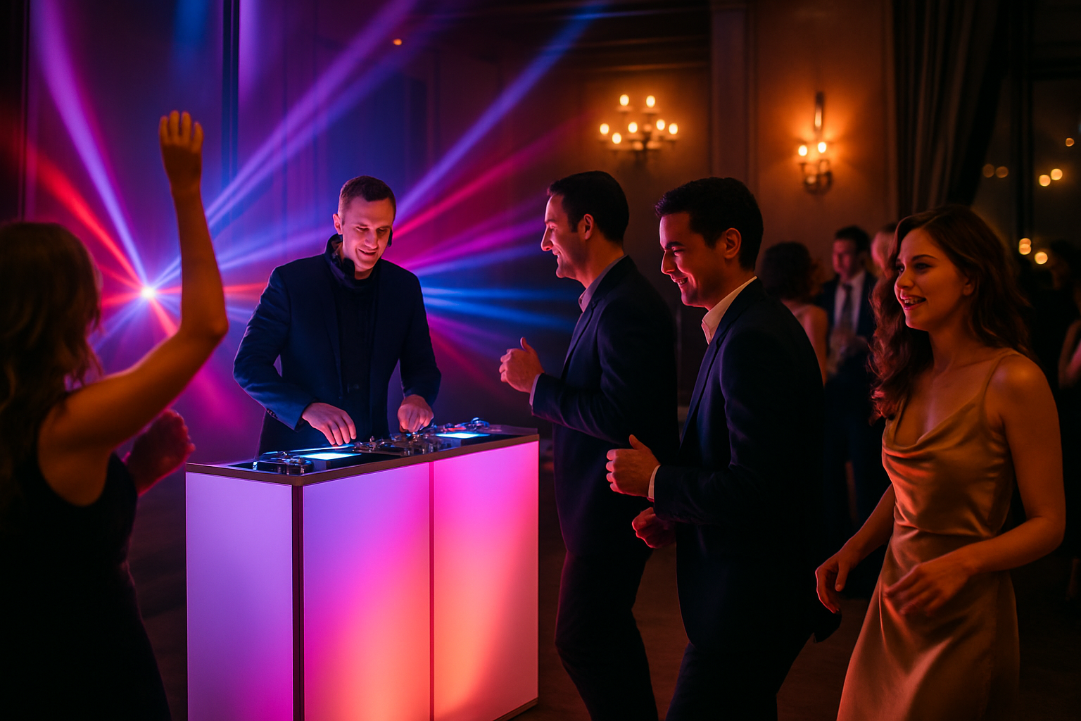 Private party dance floor with colorful DJ lighting, a small crowd celebrating, and a sleek DJ booth in the background.