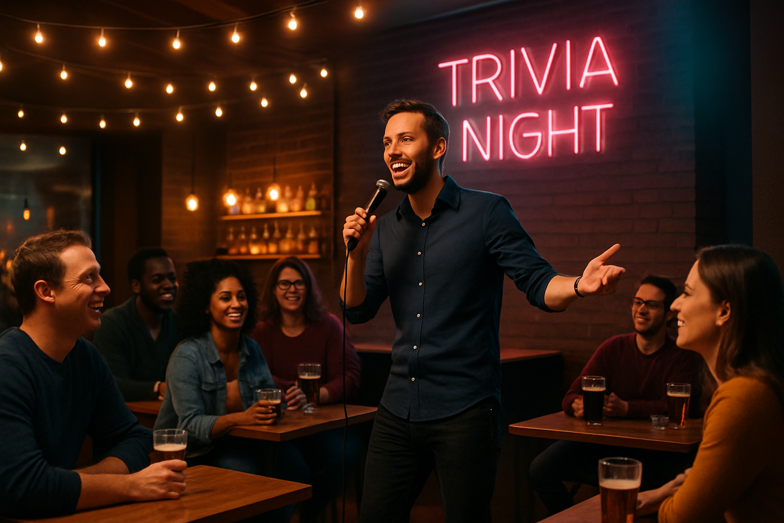 Trivia night host holding a microphone on a cozy bar stage with patrons seated at tables and warm ambient lights.