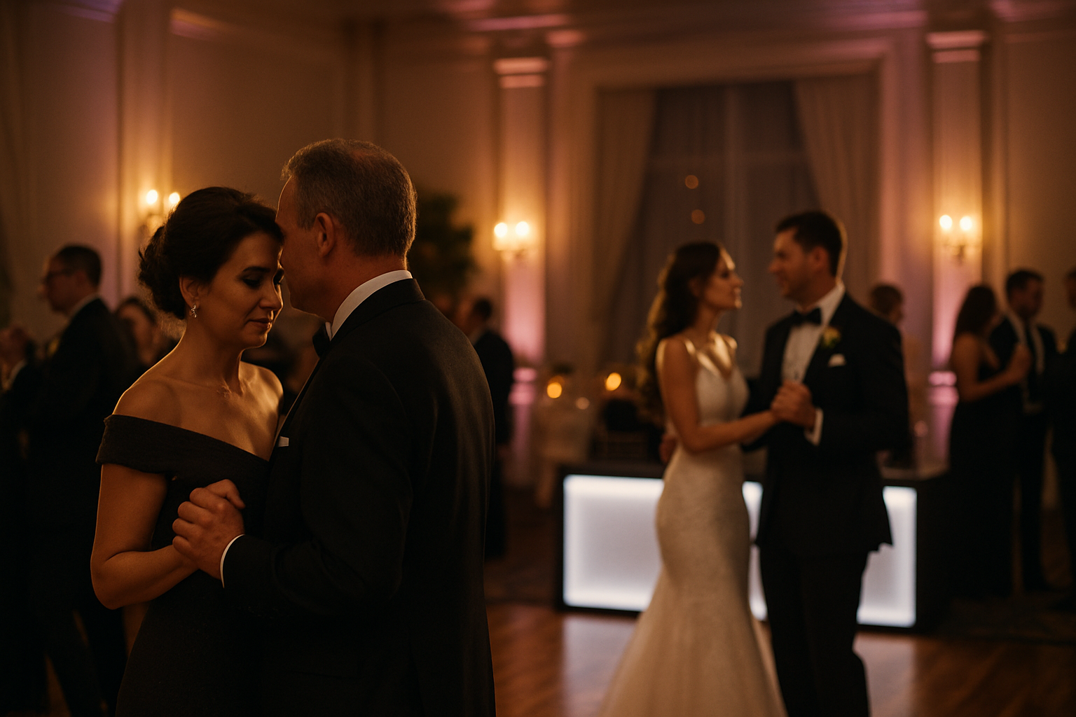 Wedding reception dance floor with a DJ booth, soft uplighting, and couples dancing in elegant attire.